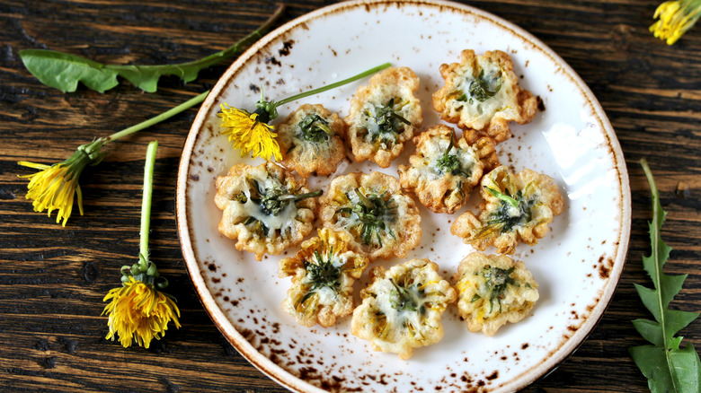 Plate of fried dandelion flowers