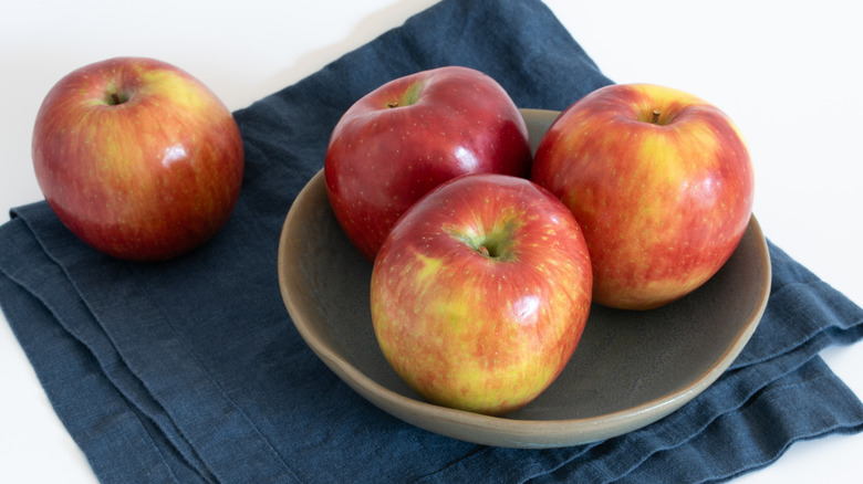 Cosmic Crisp apples in a bowl with white background