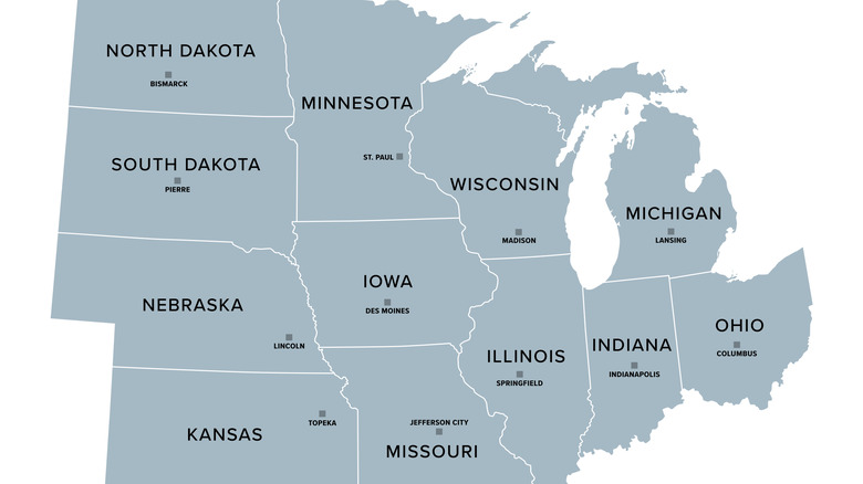 Gray map of Midwestern states with their capitals