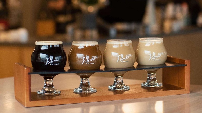 Four cold coffee brews in the tasting room at Pilcrow Coffee