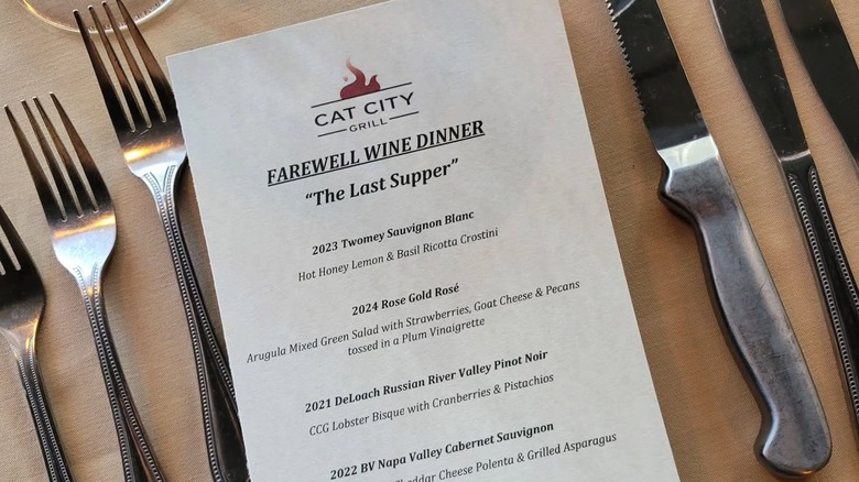 Wine menu for Cat City Grill (Fort Worth, TX) farewell dinner