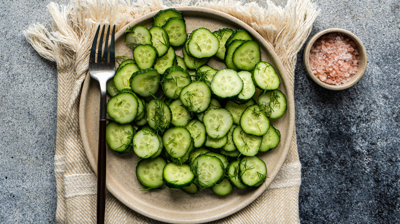 Seasoned cucumber slices in a ceramic plate with himalayan sea salt on the top right.