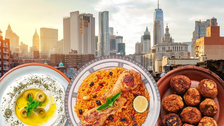 Halal dishes against NYC skyline