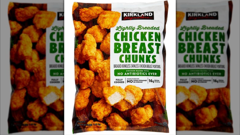 Package of Kirkland Signature lightly breaded chicken chunks