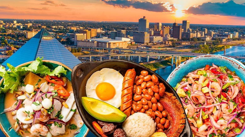 Three dishes Memphis skyline background