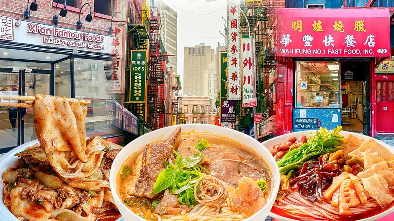 Montage of noodles and Chinatown storefronts