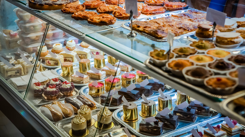 French pastry case filled with baked goods