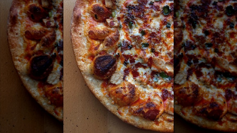 Close-up shot of barbecue pizza