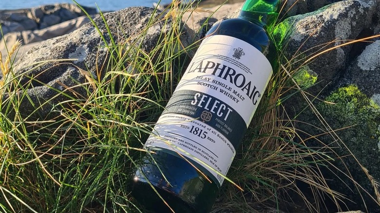 A bottle of Laphroaig Select posed outdoor in a rocky, natural setting