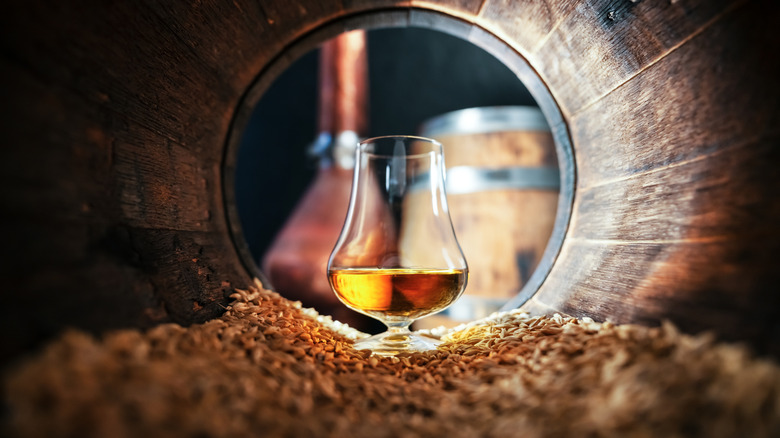 A glass of whiskey in a Glencairn glass sitting on a bed of grain inside a small barrel