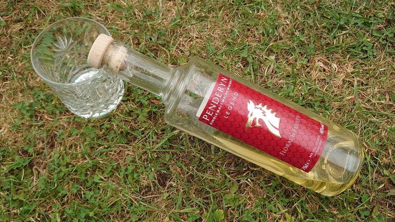 An overhead shot of a bottle of Penderyn Legend resting on the rim of a glass on grass lawn