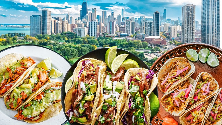 Taco plates against Chicago skyline