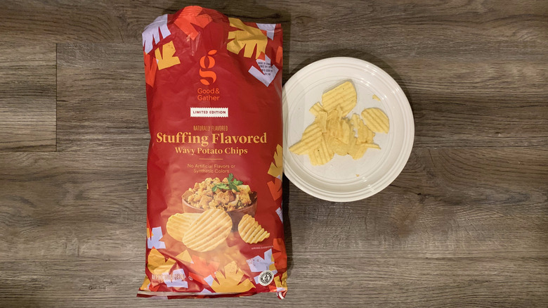 Target stuffing flavored wavy potato chips on plate