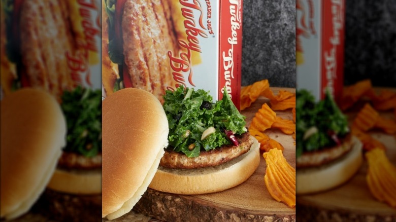 Trader Joe's turkey burger served in bun with salad
