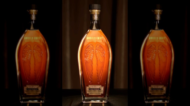 Bottle of Angel's Envy Cask Strength Bourbon on dark background
