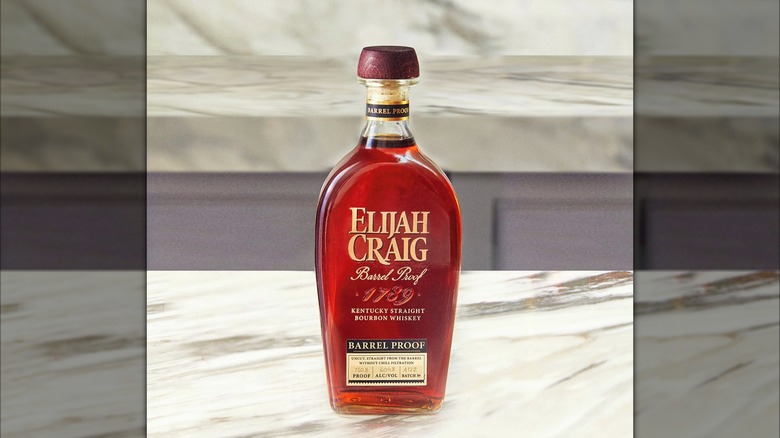 Bottle of Elijah Craig Barrel Proof Bourbon on marble counter