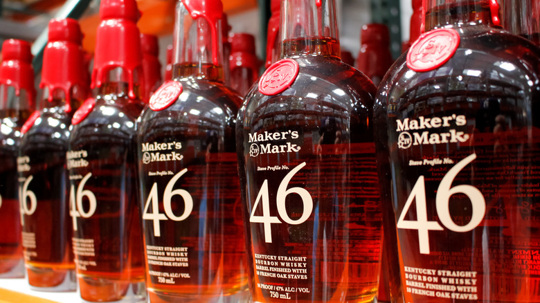 Rows of Maker's Mark 46 bottles on shelf