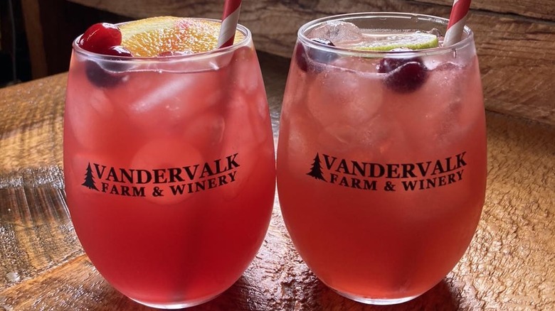 Two stemless glasses of fruit red wine with the Vandervalk Farm and Winery logo, against a wood background