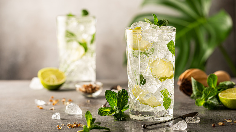 Two mojito cocktails with lime and mint leaves placed around them