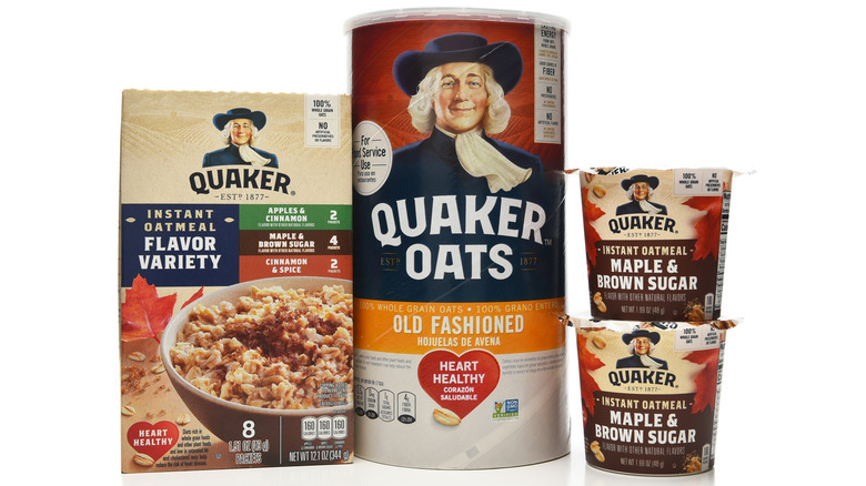 Quaker Oats oatmeal products on white background