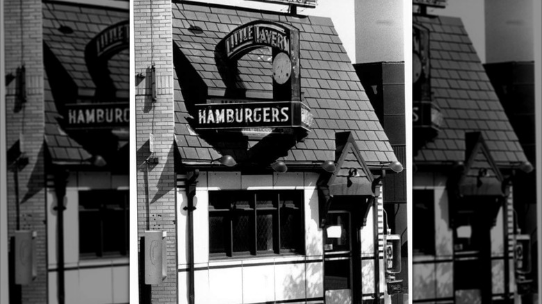 Black and white image of Little Tavern restaurant, mirrored image