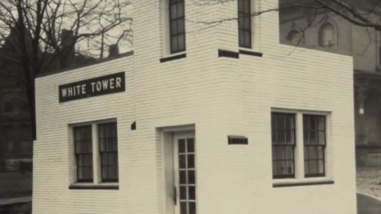 Black and white close up of old White Tower restaurant