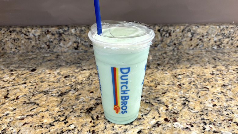 Dutch Bros ninja shake on a marble countertop