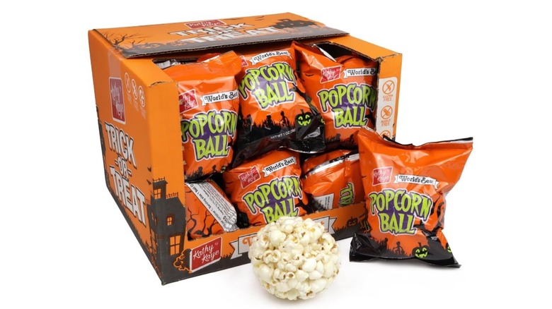A cardboard package of individually wrapped popcorn balls for Halloween