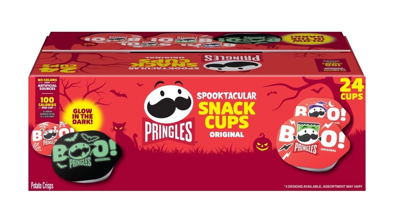A red box of Pringles individual chip snacks with a Halloween theme