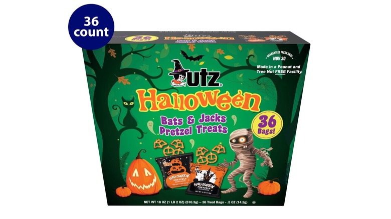 A green package of Utz Halloween-themed pretzel bags