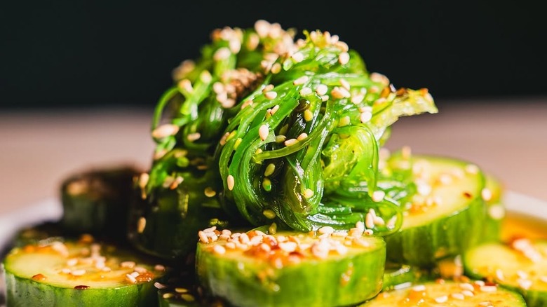 Cucumber salad with seaweed and sesame seeds