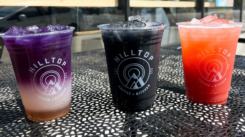 Three iced drinks at Hilltop Coffee