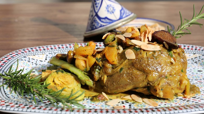 Lamb dish with honey sauce and shaved almonds