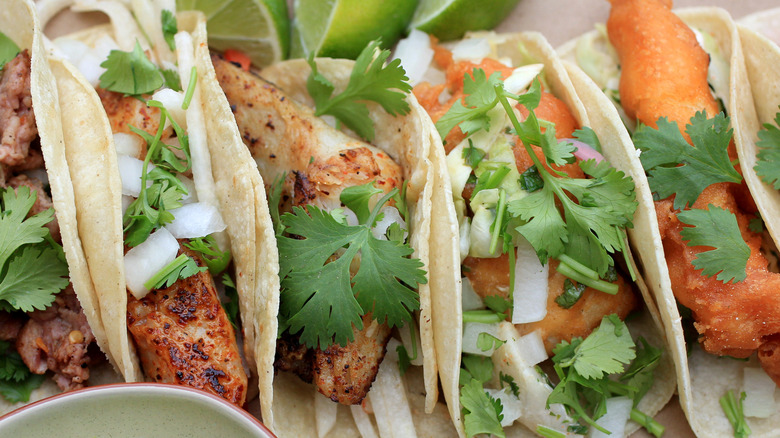 Line of fried and grilled fish tacos in corn tortillas