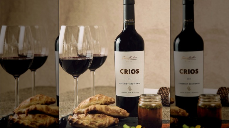 bottle of red wine with two glasses and empanadas