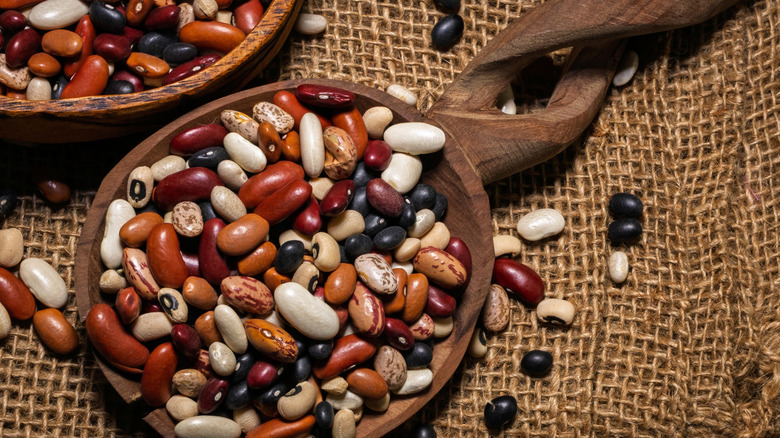 A bowl full of different kinds of dried beans including black beans, kidney beans, pinto beans, and more sitting on burlap