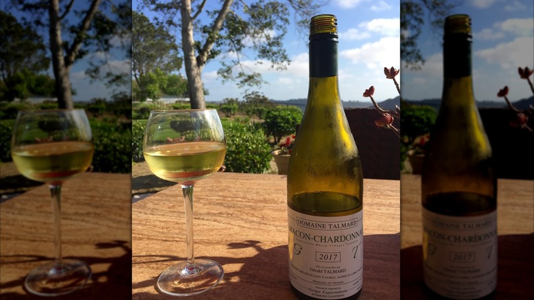 bottle and glass of Domaine Talmard Mâcon-Chardonnay Burgundy white wine