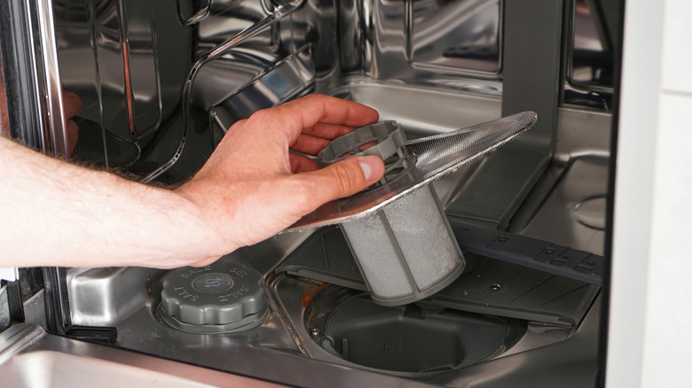 Person removing dishwasher filter