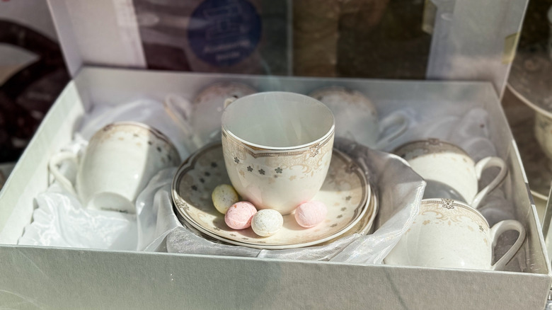 porcelain tea set in cardboard box