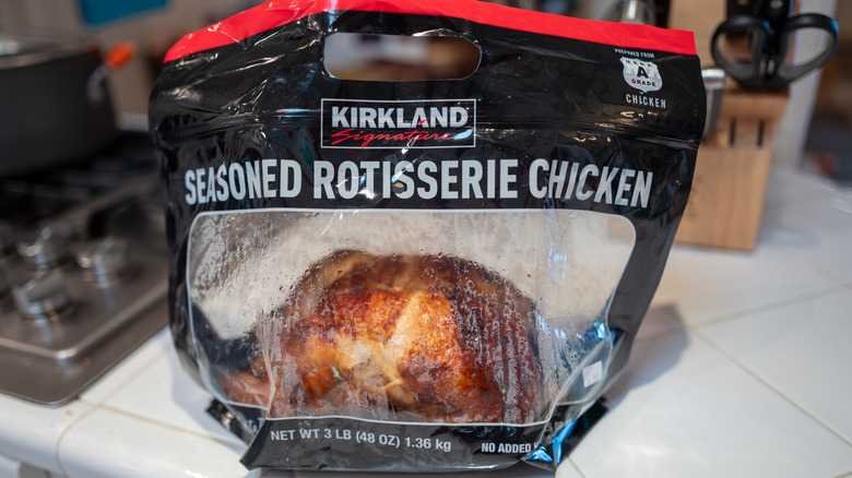 Kirkland brand rotisserie chicken sitting on counter