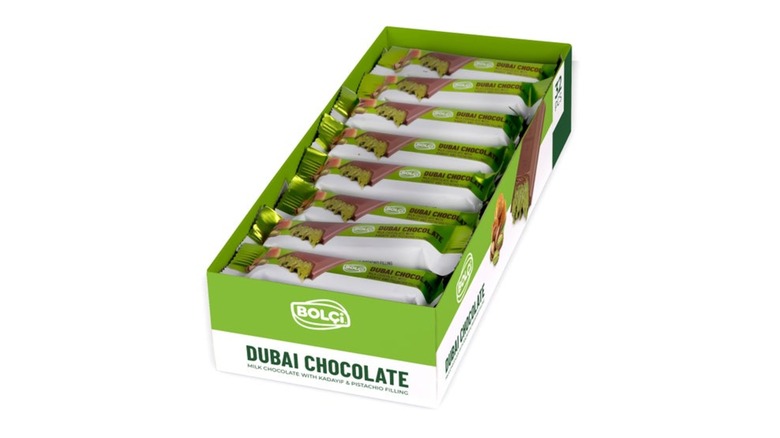 An open box of individually wrapped Bolci Dubai Chocolate Bars