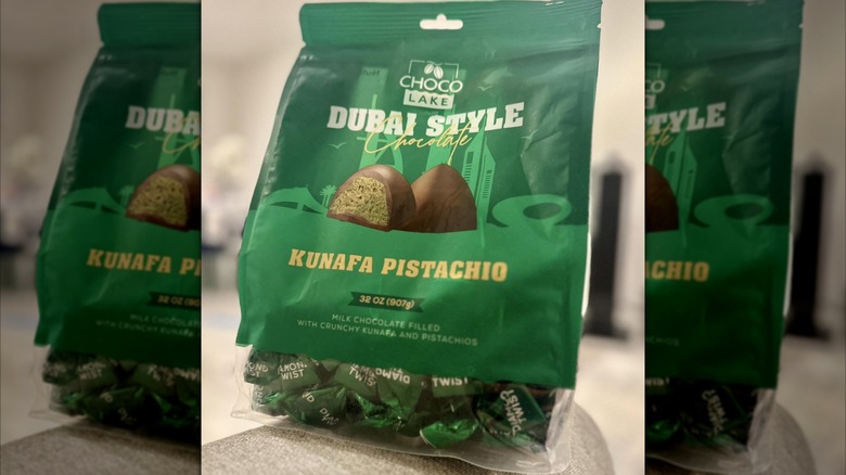 A green bag of ChocoLake Dubai-Style Chocolate with Kunafa Pistachio