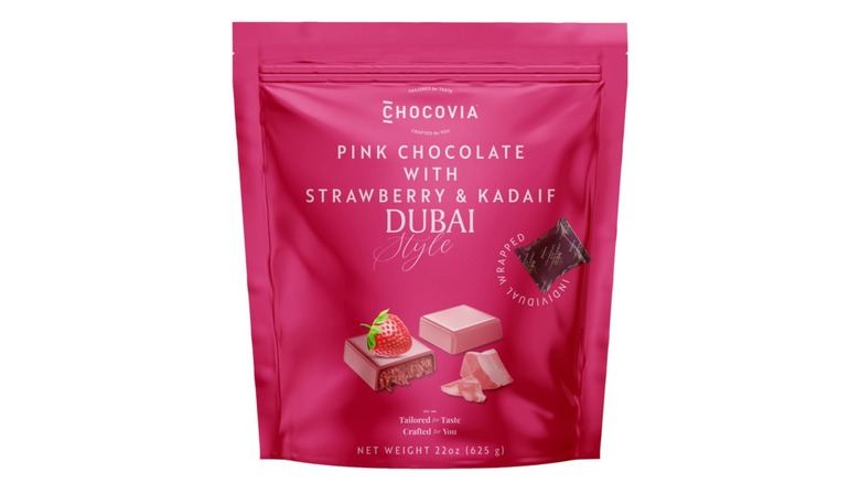 A pink bag of Chocovia Pink Chocolate with Strawberry & Kadaif Dubai-Style