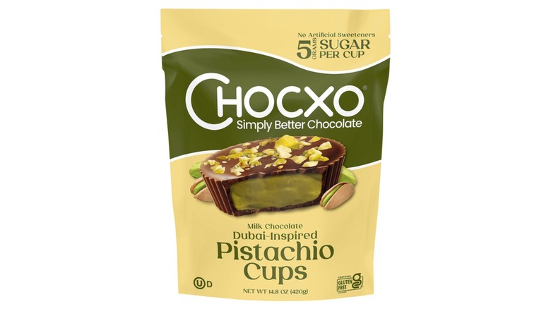 A bag of Chocxo Simply Better Chocolate Milk Chocolate Dubai-Inspired Pistachio Cups
