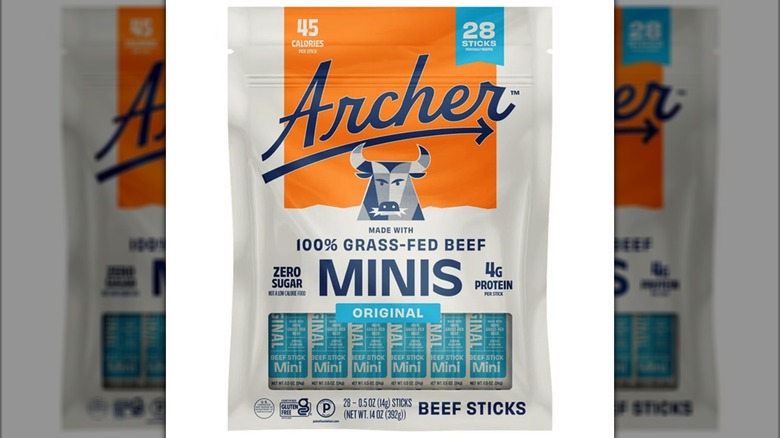 A beauty shot of a 28-count bag of Archer Grass-Fed Beef Stick Minis on a white background