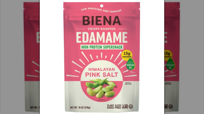 A beauty shot of a bag of Biena Crispy Roasted Edamame with Himalayan sea salt