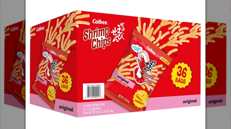 Box of 36 bags of Calbee Baked Shrimp Chips on white background