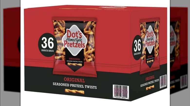 A beauty shot of a box of 36 bags of Dot's Original Homestyle Pretzels on a white background