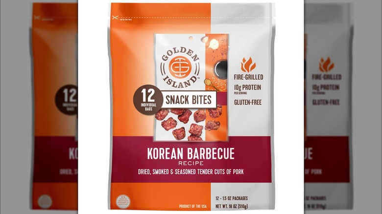 A beauty shot of a bag of Golden Island Korean Barbecue Pork Snack Bites on a white background