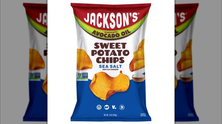 Bag of Jackson's Kettle Cooked Sea Salt Sweet Potato Chips on a white background